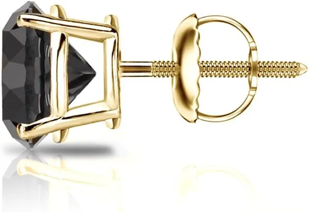 14k Gold Round SINGLE Black Diamond Stud Earring (1/4-2cttw) 4-Prong Basket set with Screw-back Diamond Wish