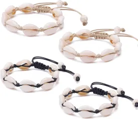 4 Pack Adjustable Shell Bracelets Anklets Set Natural Cowrie Shell Beads Puka Seashells Ankle Jewelry for Men Women Valentine's Day Gifts