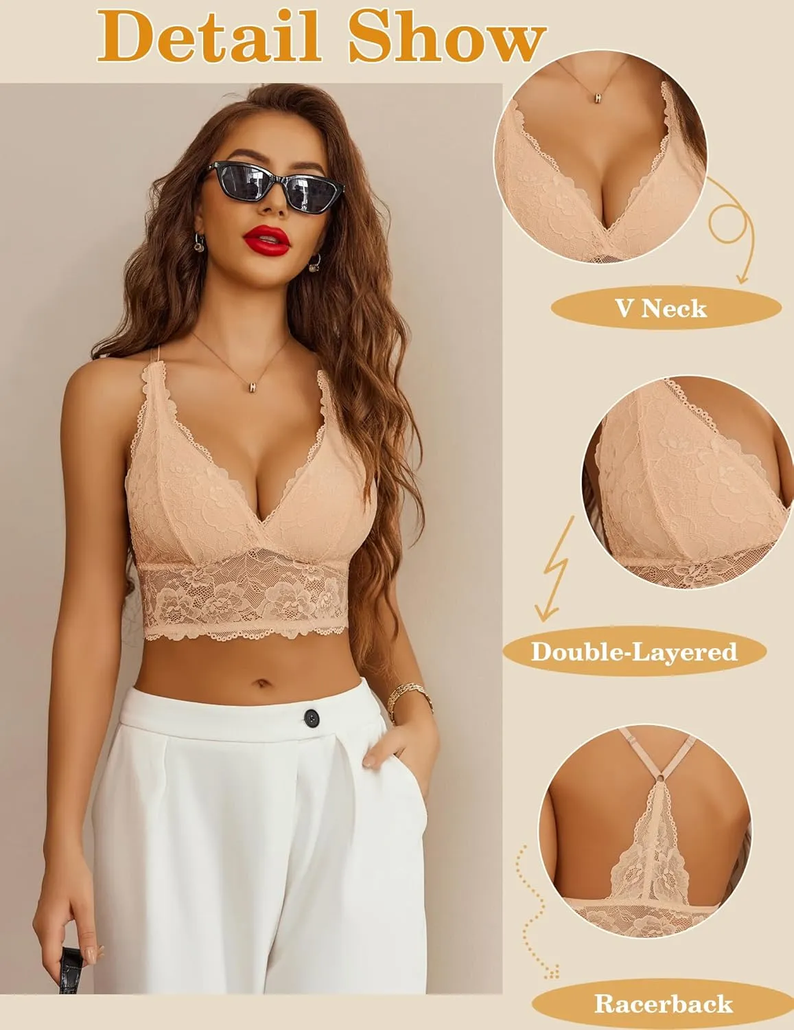 Avidlove Bralettes for Women Lace Wireless Bra V Neck Racerback Crop Top Adjustable Lingerie