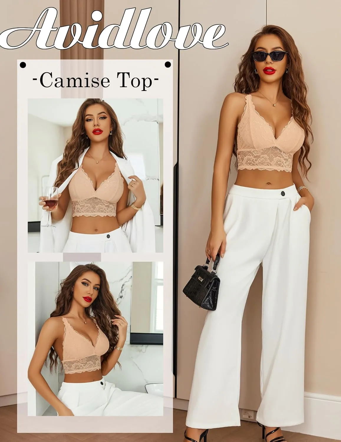 Avidlove Bralettes for Women Lace Wireless Bra V Neck Racerback Crop Top Adjustable Lingerie