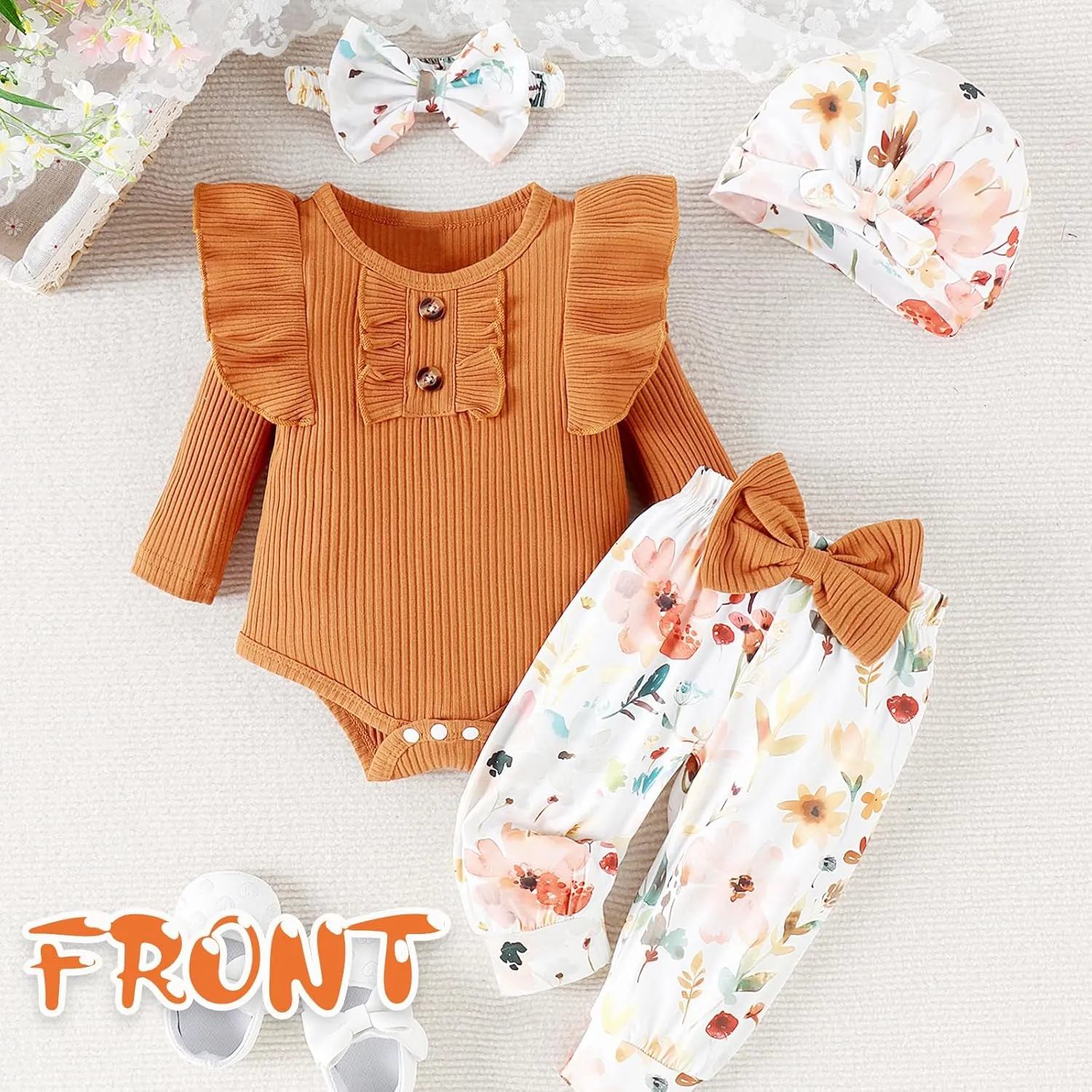 Baby Girl Clothes Infant Newborn Outfits Romper Pants Cute Bow Headband Hat Sets for Baby Girls (0-3-6-12-18 Months)