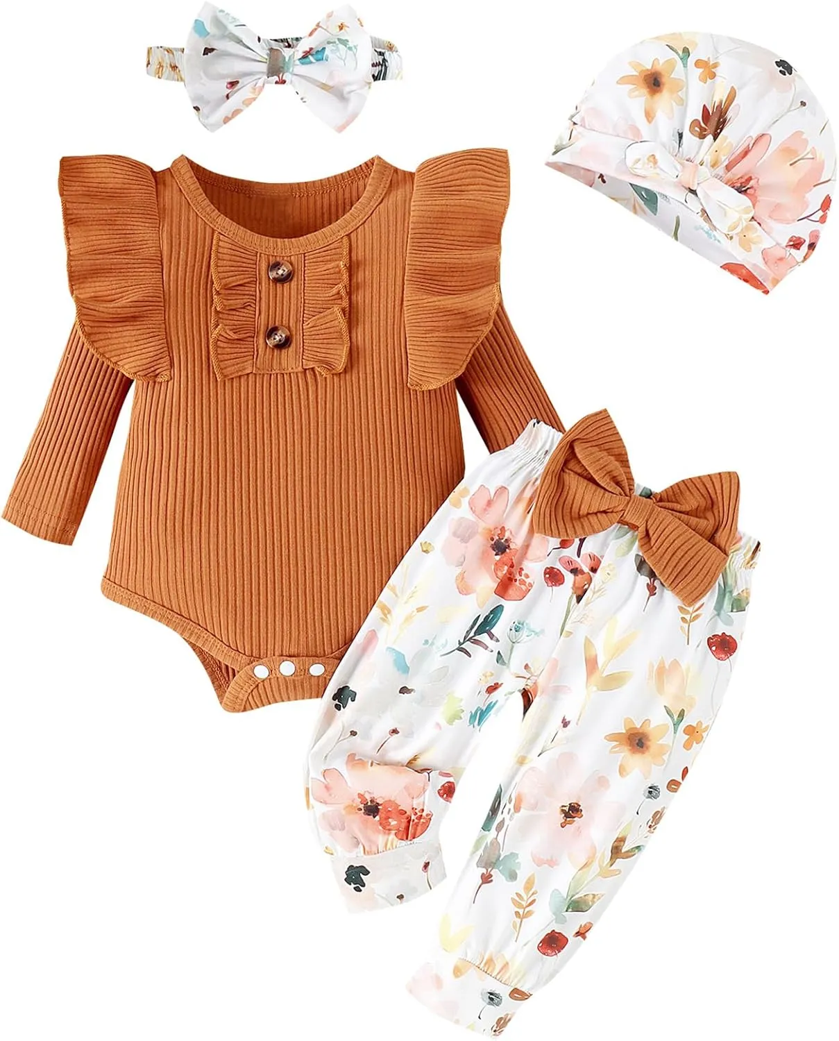 Baby Girl Clothes Infant Newborn Outfits Romper Pants Cute Bow Headband Hat Sets for Baby Girls (0-3-6-12-18 Months)