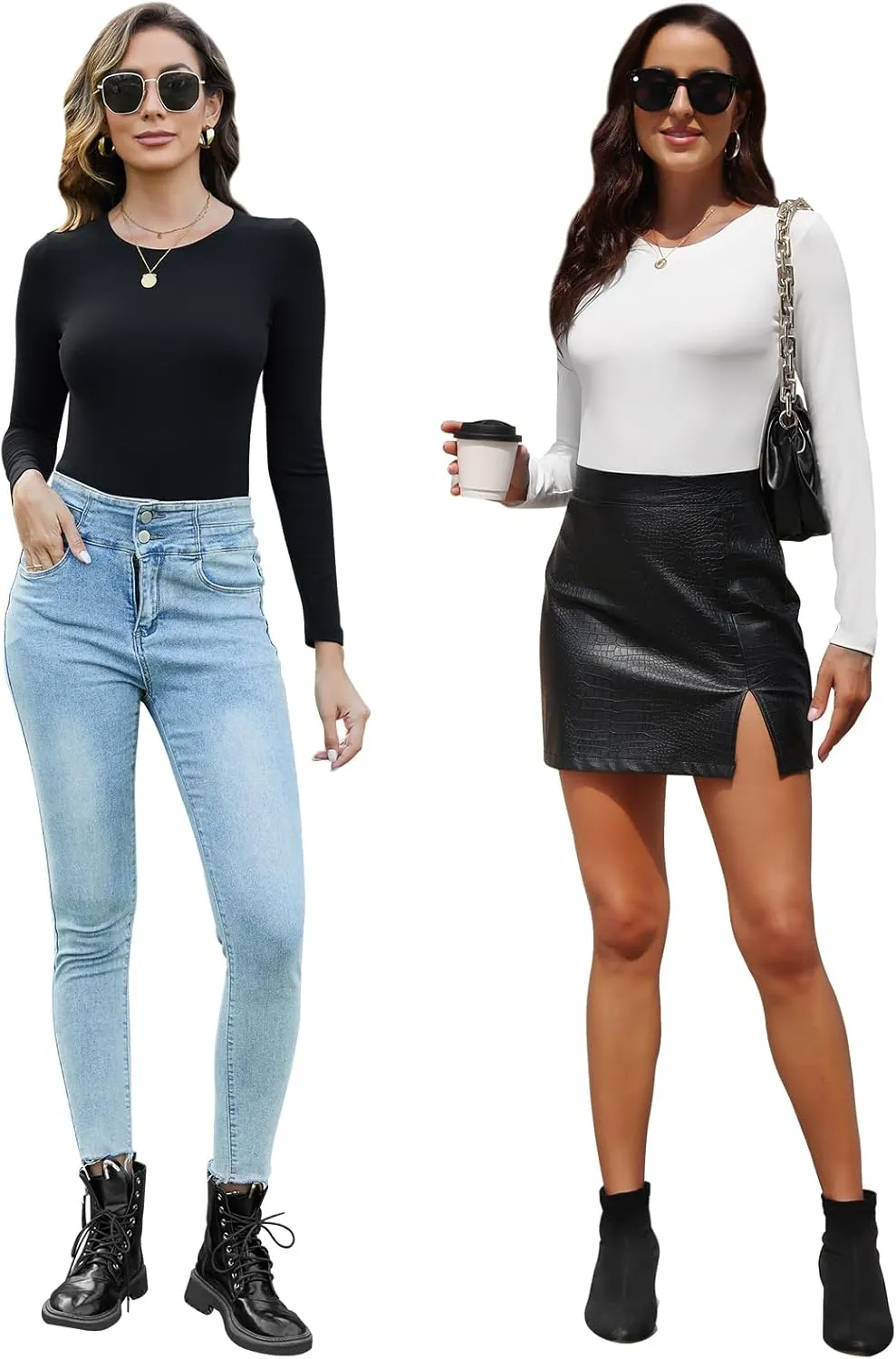 BALENNZ Womens Long Sleeve Bodysuit Round Neck Bodysuit Shirts for Women Crew Neck Body Suits Tops Fall Body Suit Pack