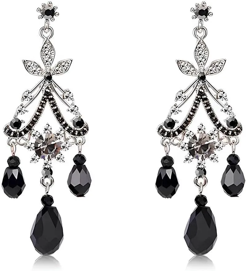 Black Chandelier Earrings for Women - Vintage Crystal Drop Dangle Earrings, Boho Crystal Dangle Earrings - Black CZ Tassel Earrings, Handmade Crystal Teardrop Drop Earrings for Women