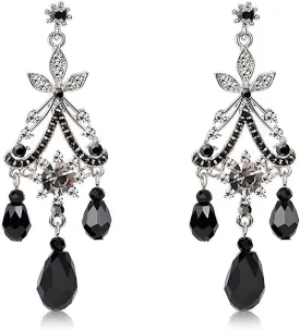 Black Chandelier Earrings for Women - Vintage Crystal Drop Dangle Earrings, Boho Crystal Dangle Earrings - Black CZ Tassel Earrings, Handmade Crystal Teardrop Drop Earrings for Women