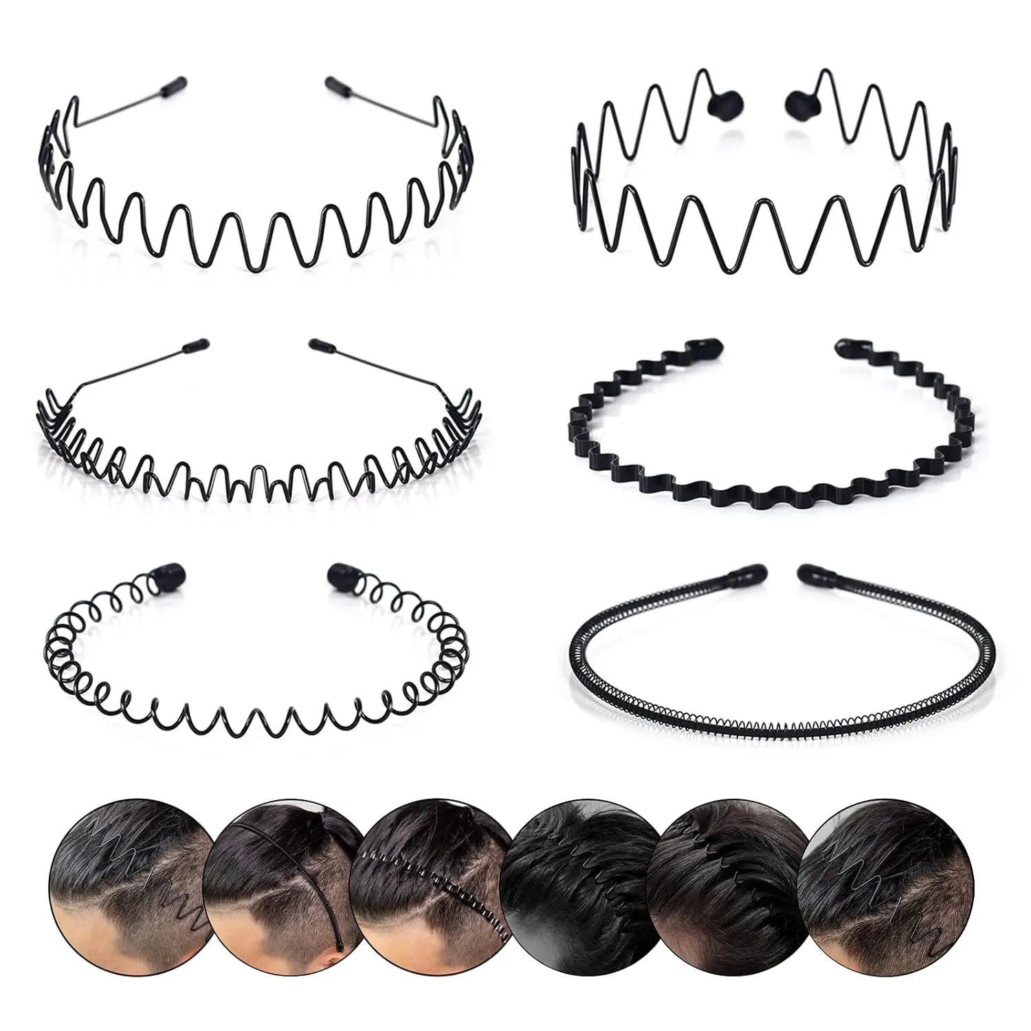 CAMKONG 6PCS Metal headbands for Men Headbands Women Wavy Hair bands Spring Hair Hoop Sports Fashion Hairband Unisex Black Elastic Non Slip Simple Headwear Accessories