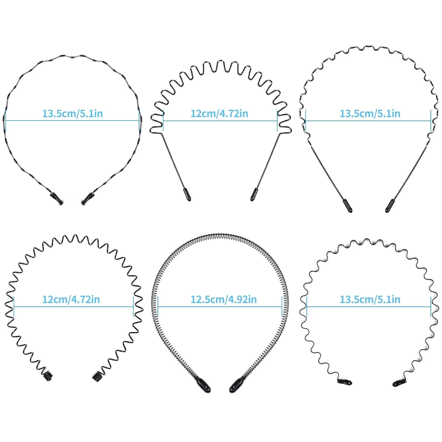 CAMKONG 6PCS Metal headbands for Men Headbands Women Wavy Hair bands Spring Hair Hoop Sports Fashion Hairband Unisex Black Elastic Non Slip Simple Headwear Accessories