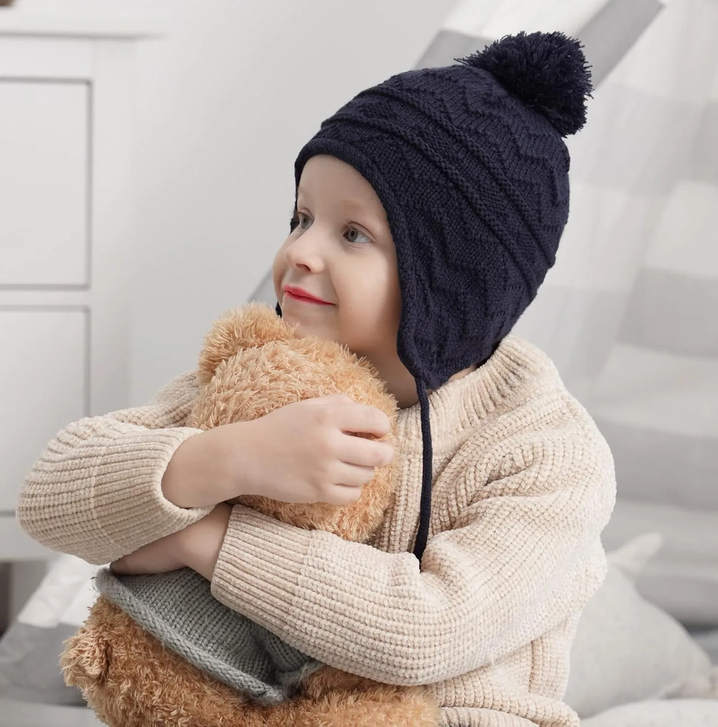 Connectyle Toddler Boys Girls Beanie Hat Fleece Lined Knit Kids Hat with Ear Flaps Warm Winter Hat Acrylic Watch Hat