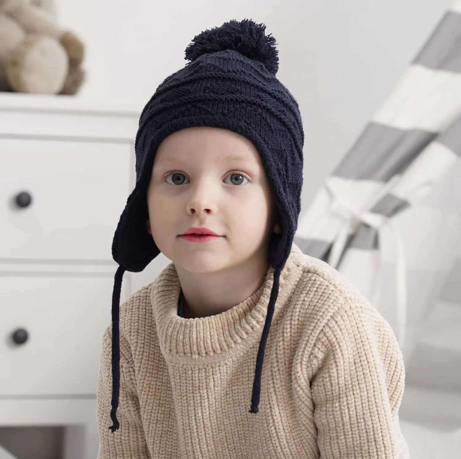 Connectyle Toddler Boys Girls Beanie Hat Fleece Lined Knit Kids Hat with Ear Flaps Warm Winter Hat Acrylic Watch Hat