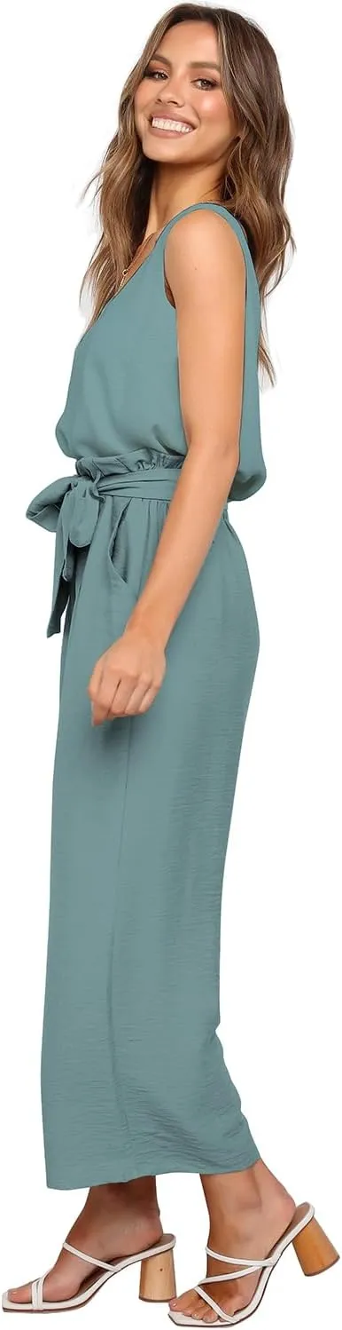 FANCYINN Womens 2 Piece Set V Neck Tank Wide Strap Tops High Waisted Cropped Paper Bag Pants with Belt