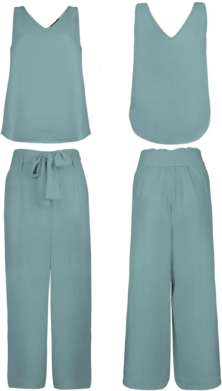 FANCYINN Womens 2 Piece Set V Neck Tank Wide Strap Tops High Waisted Cropped Paper Bag Pants with Belt