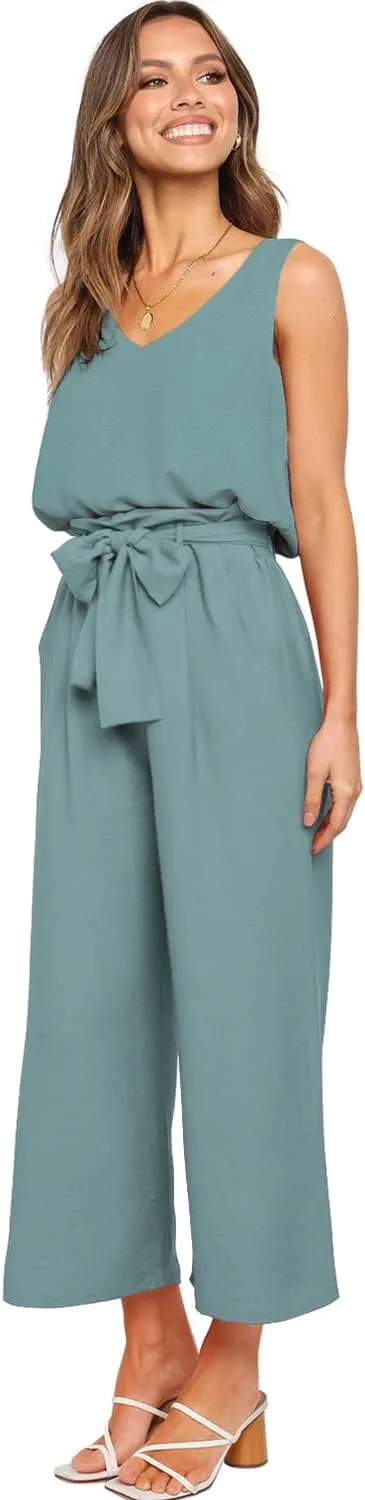 FANCYINN Womens 2 Piece Set V Neck Tank Wide Strap Tops High Waisted Cropped Paper Bag Pants with Belt