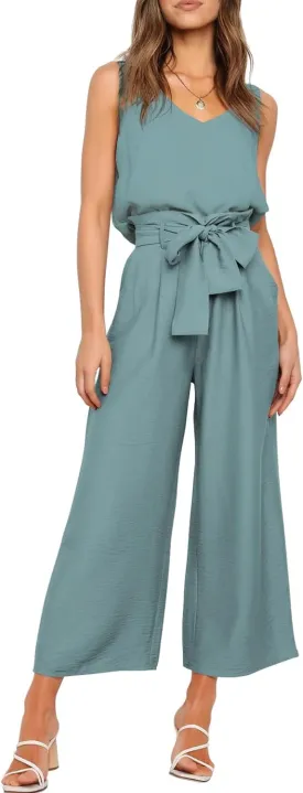 FANCYINN Womens 2 Piece Set V Neck Tank Wide Strap Tops High Waisted Cropped Paper Bag Pants with Belt