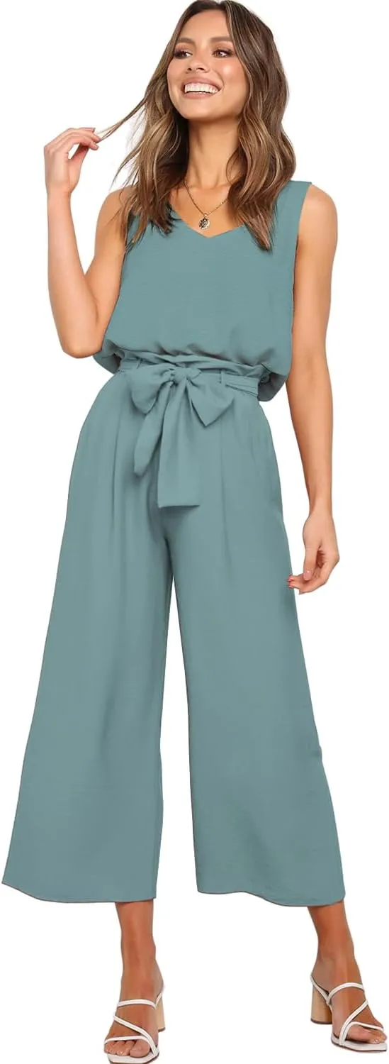 FANCYINN Womens 2 Piece Set V Neck Tank Wide Strap Tops High Waisted Cropped Paper Bag Pants with Belt