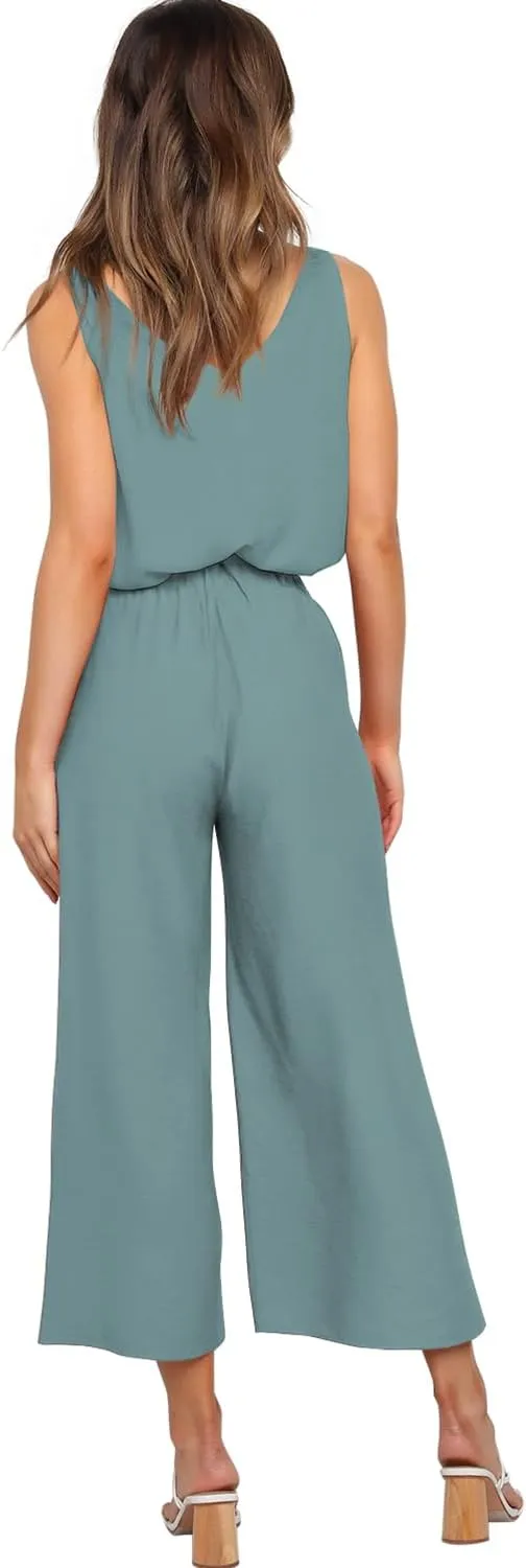FANCYINN Womens 2 Piece Set V Neck Tank Wide Strap Tops High Waisted Cropped Paper Bag Pants with Belt