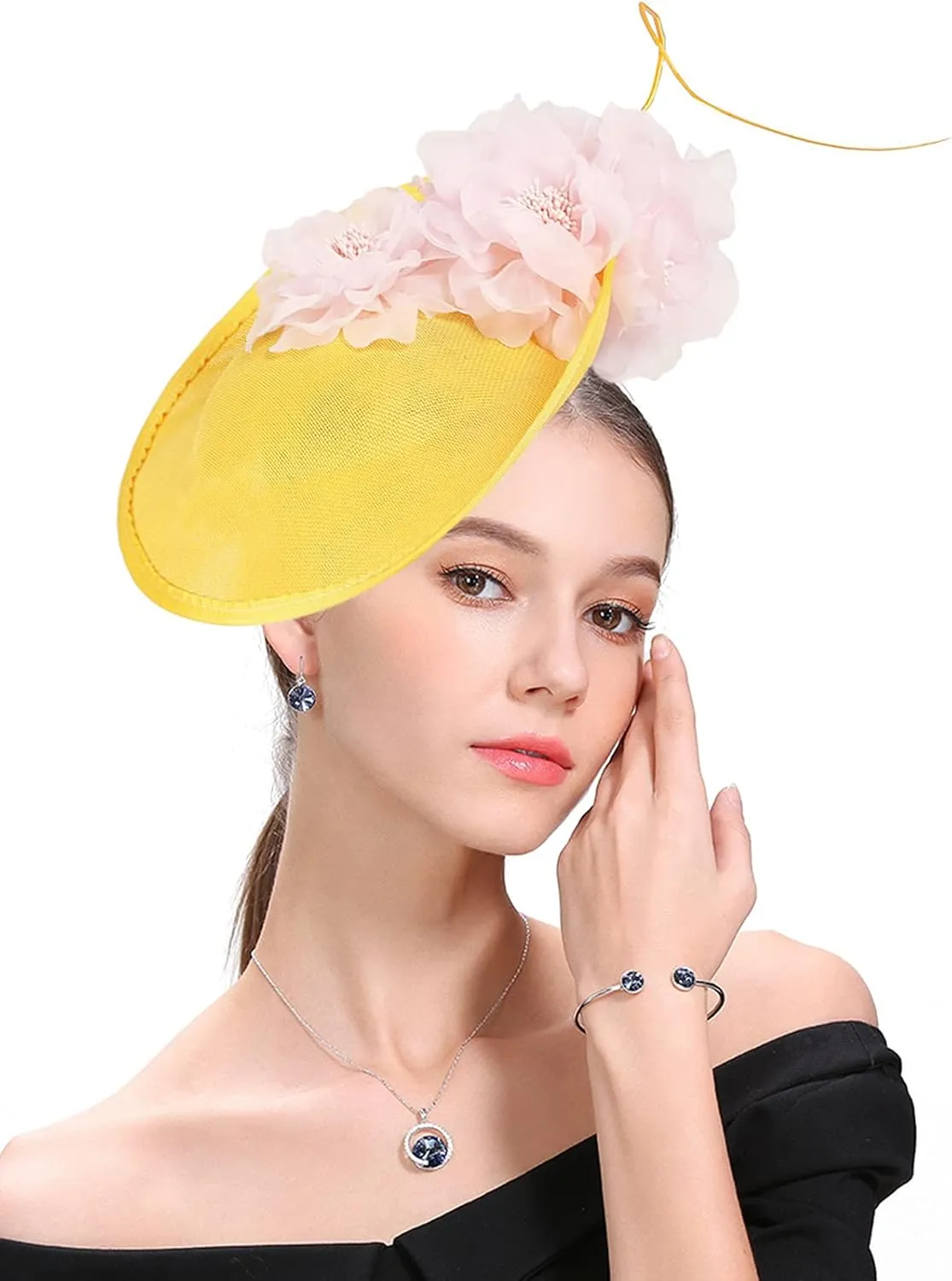 Fascinator Hats for Women Mesh Bow Rhinestone Feather Wedding Tea Party Derby Hat Clip Headband