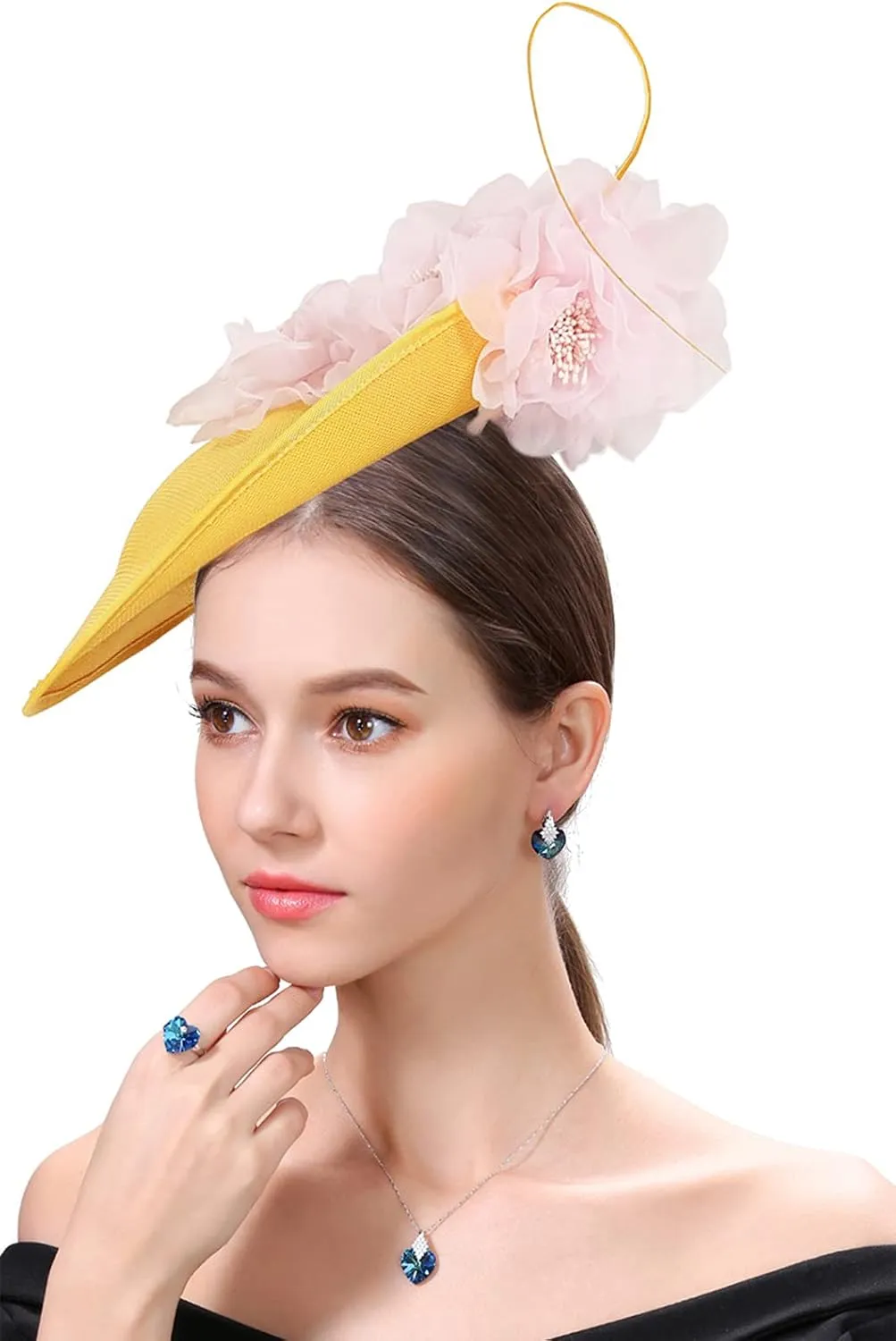 Fascinator Hats for Women Mesh Bow Rhinestone Feather Wedding Tea Party Derby Hat Clip Headband