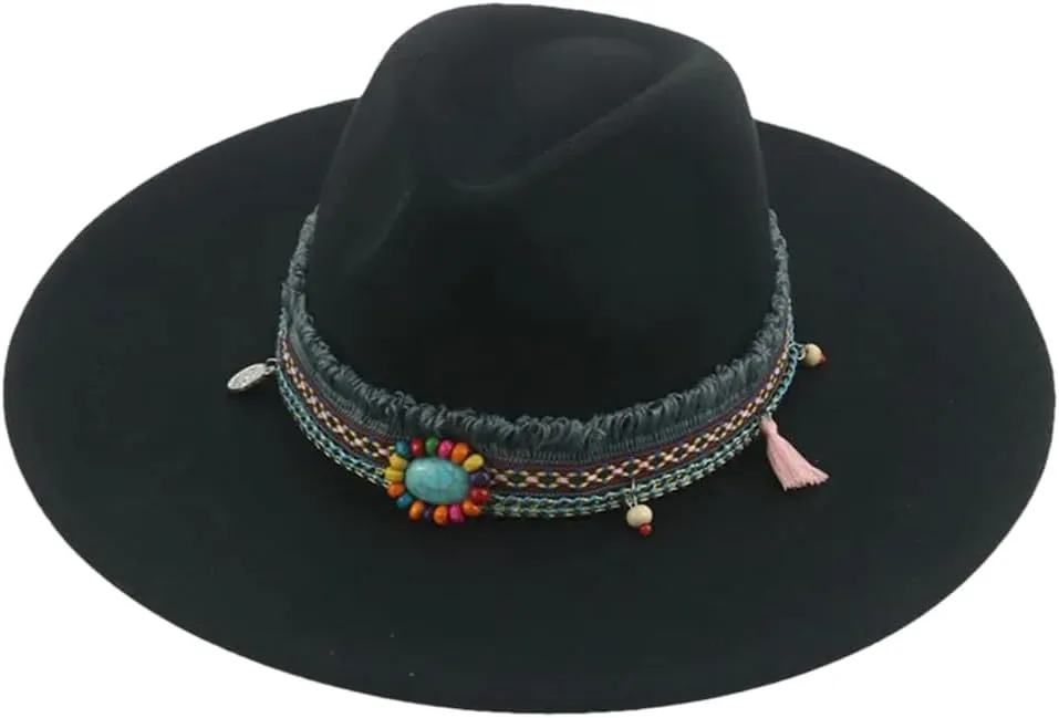 Fedora Hats for Women Big Brim Band Cowboy Panama Solid Belt Men Hat Felted Fedoras Black 56-58cm, Medium