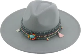 Fedora Hats for Women Big Brim Band Cowboy Panama Solid Belt Men Hat Felted Fedoras Light gray9 56-58cm