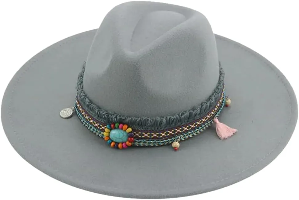 Fedora Hats for Women Big Brim Band Cowboy Panama Solid Belt Men Hat Felted Fedoras Light gray9 56-58cm