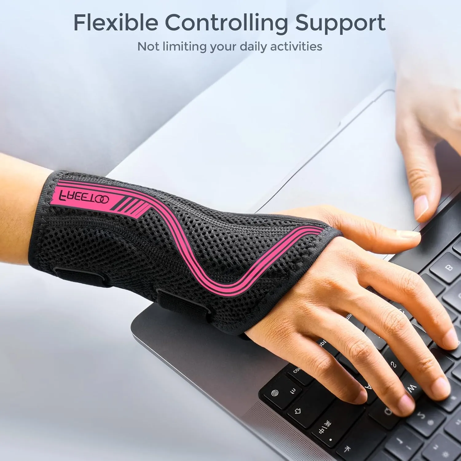 FREETOO Wrist Brace for Carpal Tunnel,[New Upgrade-Anatomically shaped] Adjustable Wrist Support Splint for Men and Women,Hand Brace for Pain Relief, Tendinitis,Arthritis,Left Hand,Medium,Black-Rose Red