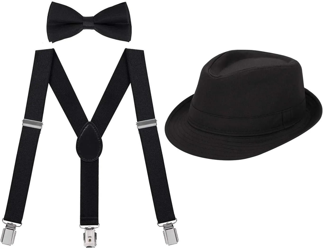 HDE Kids Adjustable Suspenders Boys Pre-Tied Bow Tie and Short Brim Fedora Hat