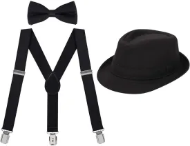 HDE Kids Adjustable Suspenders Boys Pre-Tied Bow Tie and Short Brim Fedora Hat