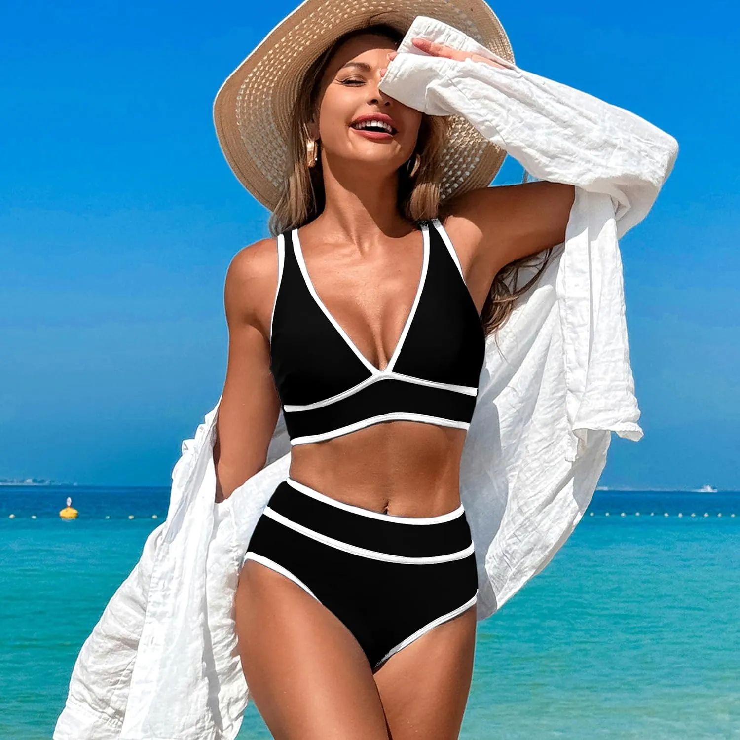 High Waisted Bikini Sets Womens Cheeky Two Piece Swimsuit V Neck Color Block Bathing Suit