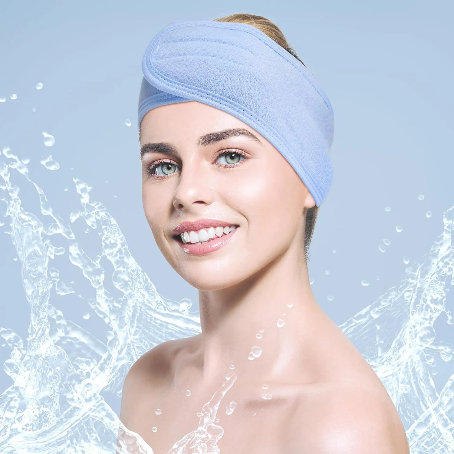 Hoteam 30 Pack Spa Headband Facial Esthetician Hair Wrap for Women Adjustable Makeup Sports Shower Stretch Towel with Tape(Blue)