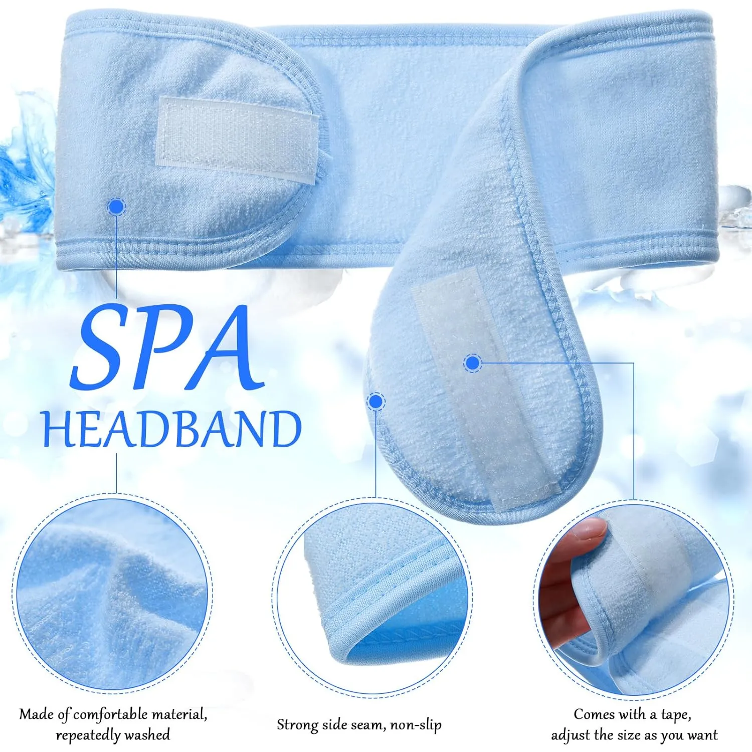 Hoteam 30 Pack Spa Headband Facial Esthetician Hair Wrap for Women Adjustable Makeup Sports Shower Stretch Towel with Tape(Blue)