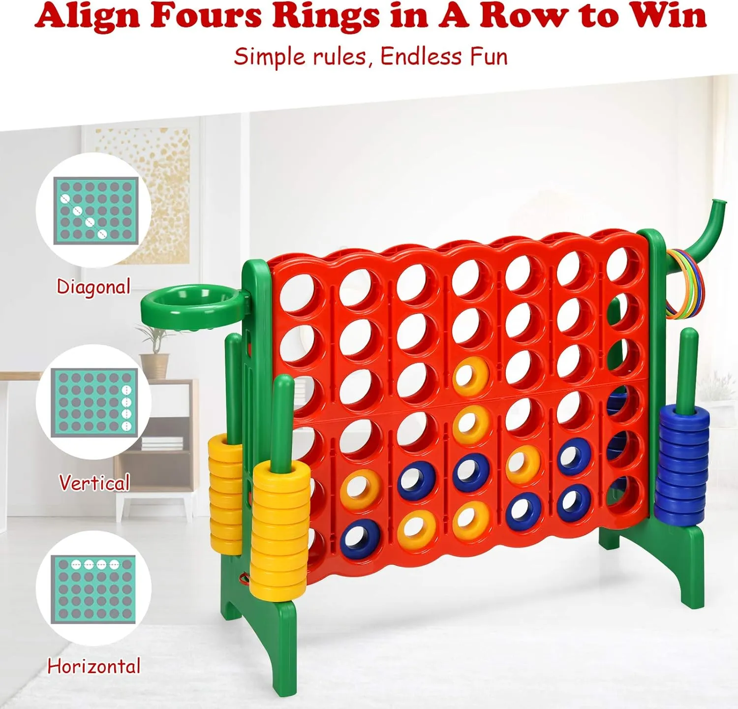 KOTEK Giant 4-in-a-Row Family Game w/Quick-Release Sliders, 42 Rings, Ring Toss & Basketball Hoop, Connect Yard Game for Kids & Adults (Without Carrying Bag, Green)
