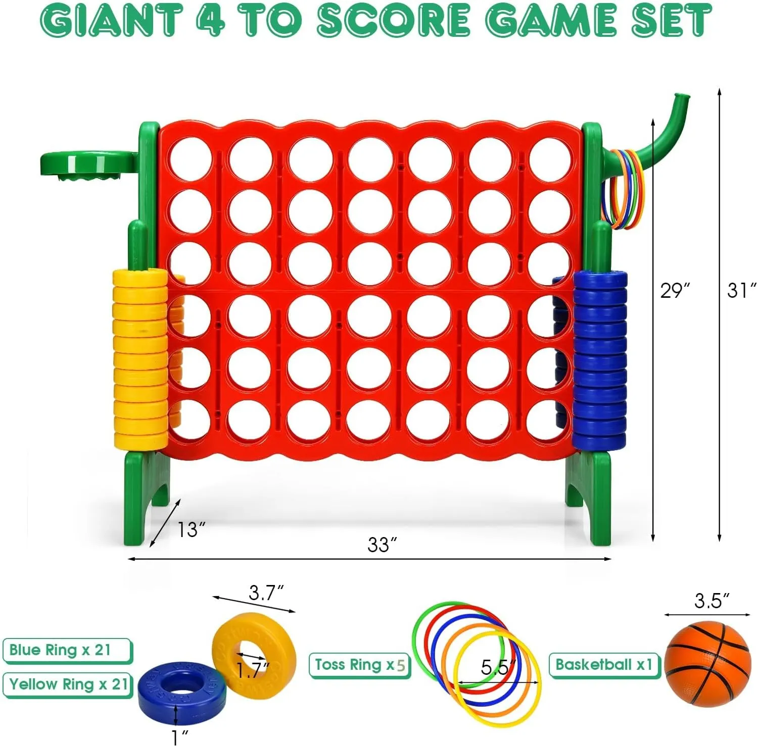 KOTEK Giant 4-in-a-Row Family Game w/Quick-Release Sliders, 42 Rings, Ring Toss & Basketball Hoop, Connect Yard Game for Kids & Adults (Without Carrying Bag, Green)