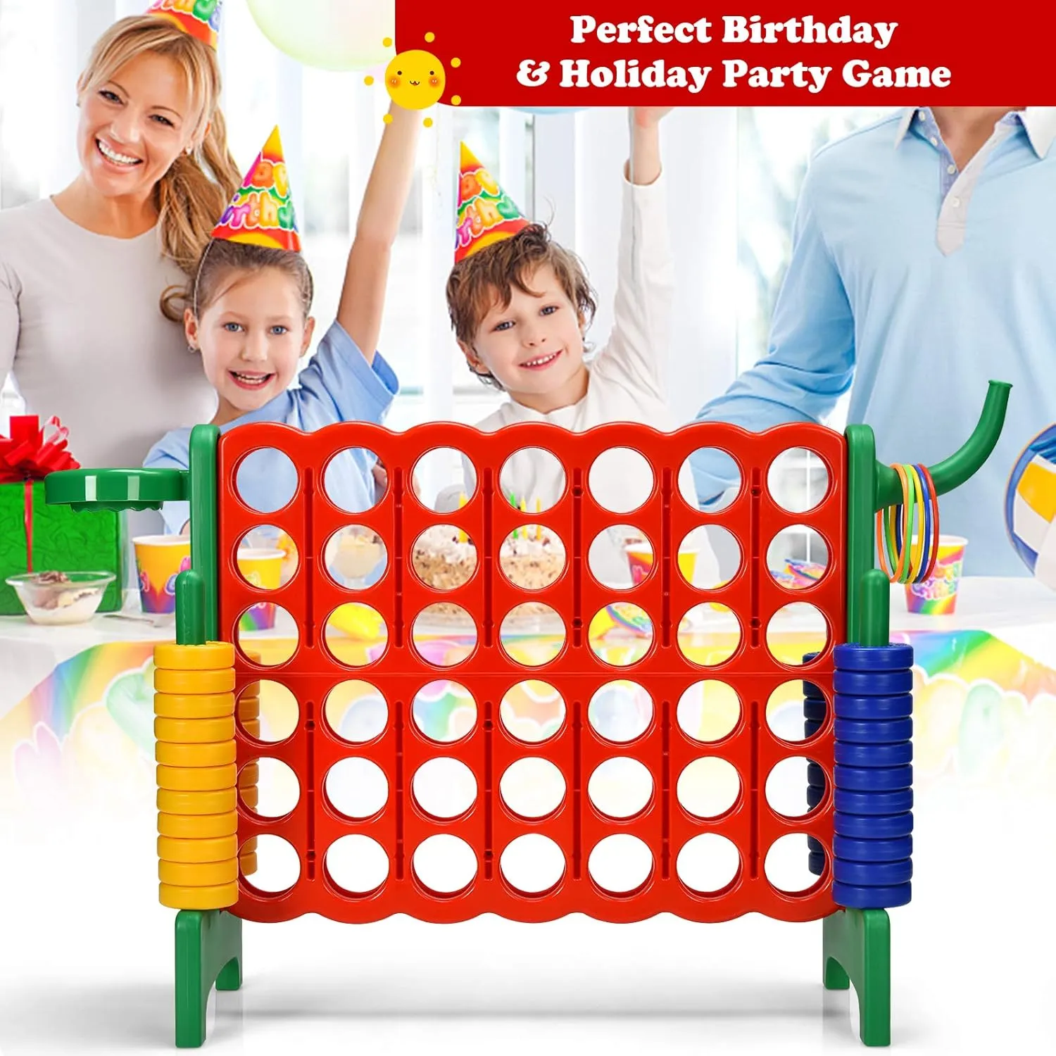 KOTEK Giant 4-in-a-Row Family Game w/Quick-Release Sliders, 42 Rings, Ring Toss & Basketball Hoop, Connect Yard Game for Kids & Adults (Without Carrying Bag, Green)
