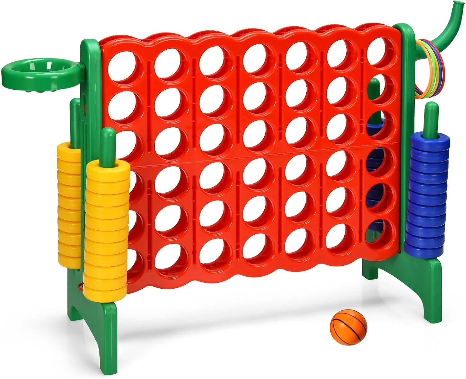 KOTEK Giant 4-in-a-Row Family Game w/Quick-Release Sliders, 42 Rings, Ring Toss & Basketball Hoop, Connect Yard Game for Kids & Adults (Without Carrying Bag, Green)