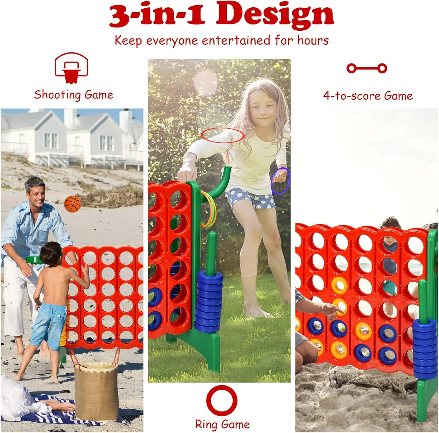 KOTEK Giant 4-in-a-Row Family Game w/Quick-Release Sliders, 42 Rings, Ring Toss & Basketball Hoop, Connect Yard Game for Kids & Adults (Without Carrying Bag, Green)