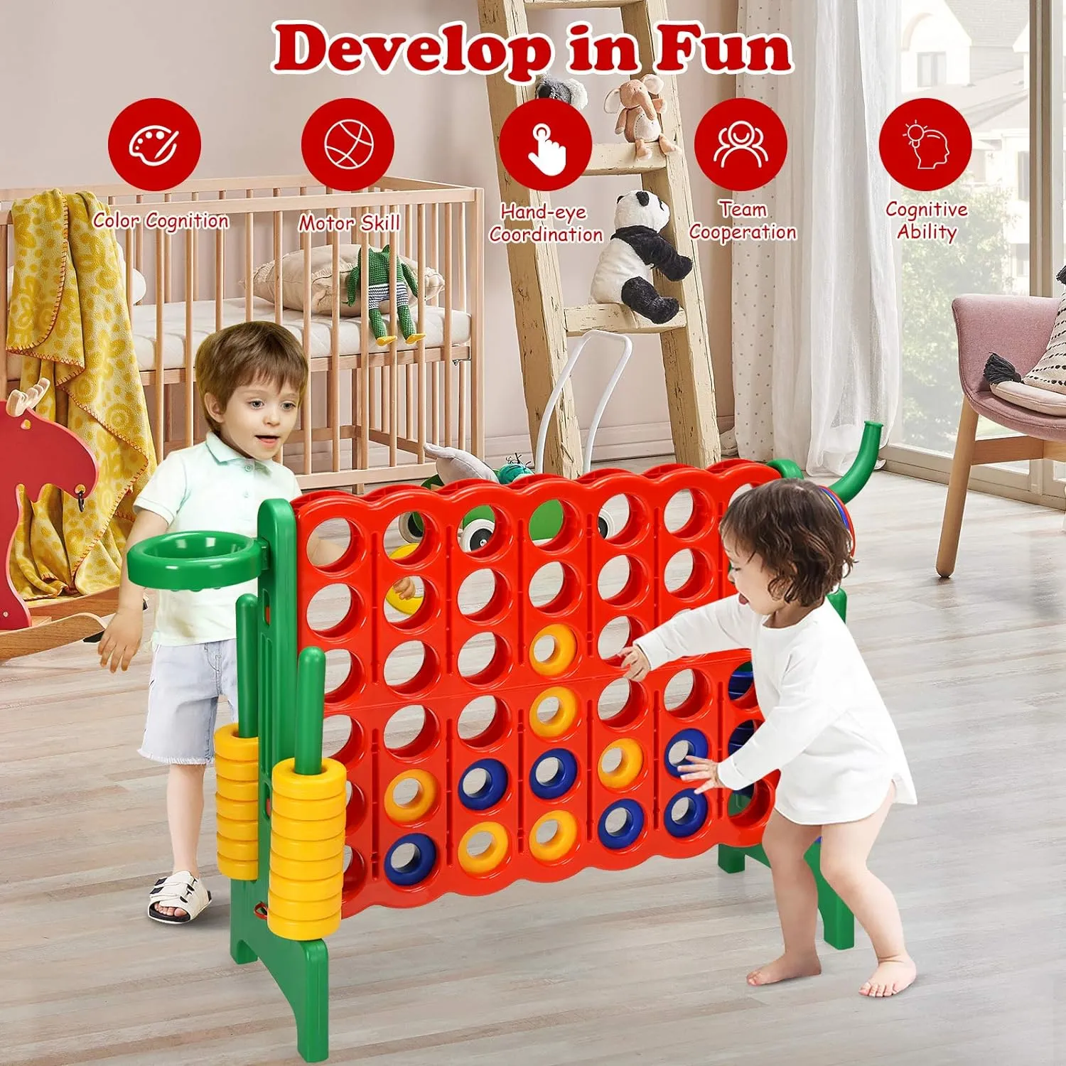 KOTEK Giant 4-in-a-Row Family Game w/Quick-Release Sliders, 42 Rings, Ring Toss & Basketball Hoop, Connect Yard Game for Kids & Adults (Without Carrying Bag, Green)