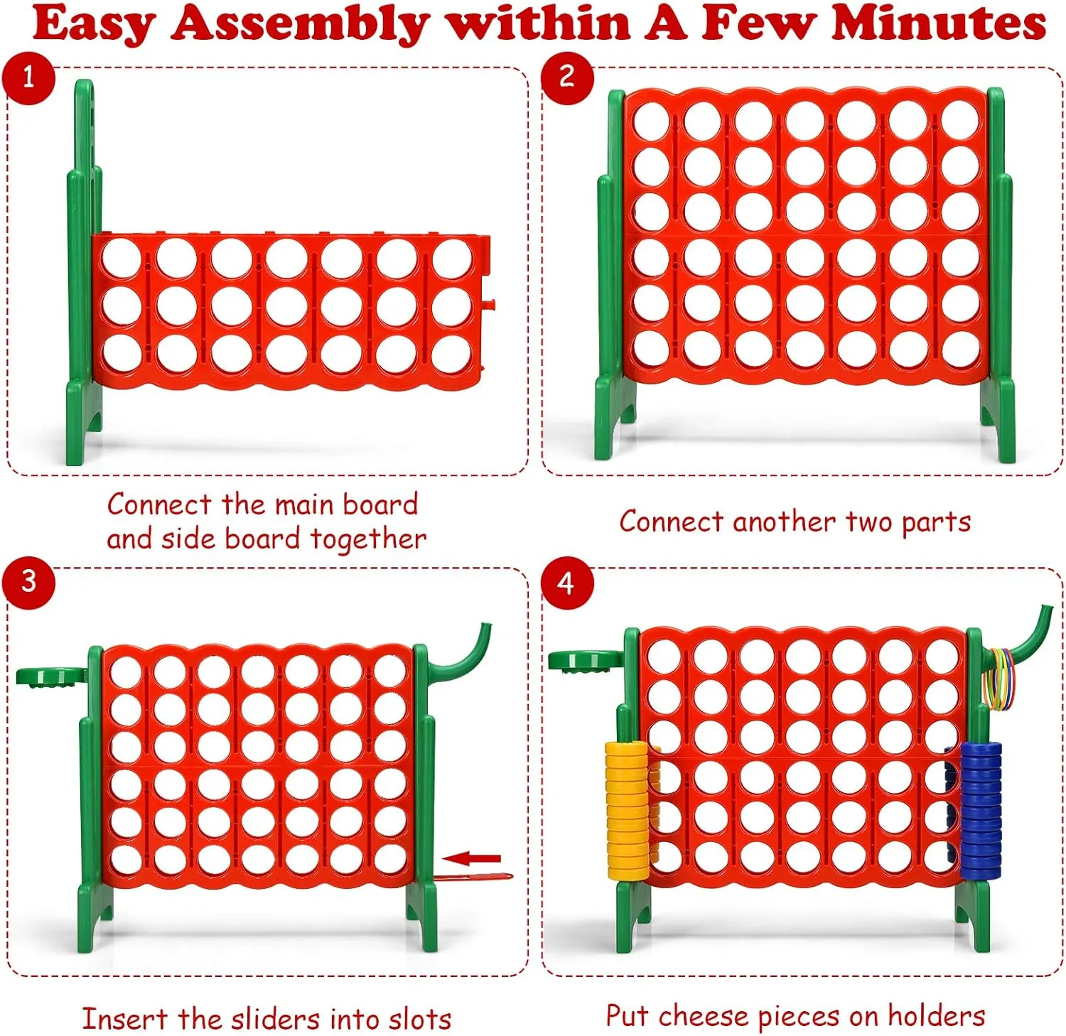 KOTEK Giant 4-in-a-Row Family Game w/Quick-Release Sliders, 42 Rings, Ring Toss & Basketball Hoop, Connect Yard Game for Kids & Adults (Without Carrying Bag, Green)