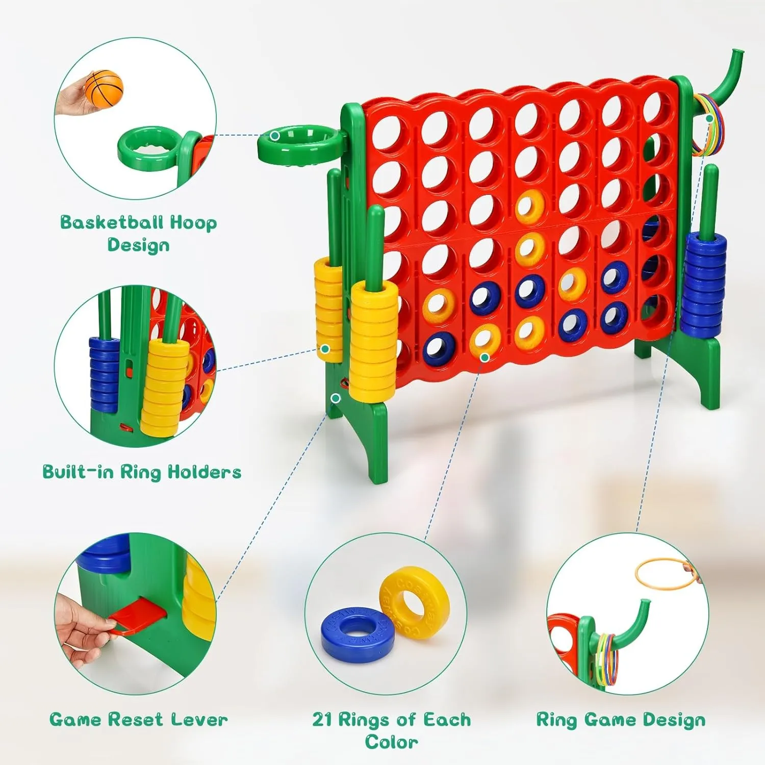 KOTEK Giant 4-in-a-Row Family Game w/Quick-Release Sliders, 42 Rings, Ring Toss & Basketball Hoop, Connect Yard Game for Kids & Adults (Without Carrying Bag, Green)