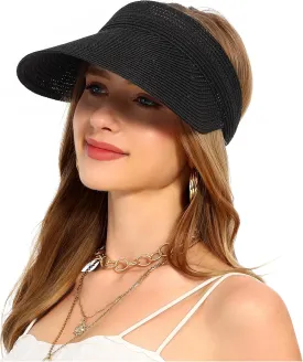 LA CARRIE Wide Brim Straw Visor for Women Sun Hat UV Protection Packable Beach Cap for Summer UPF 50 