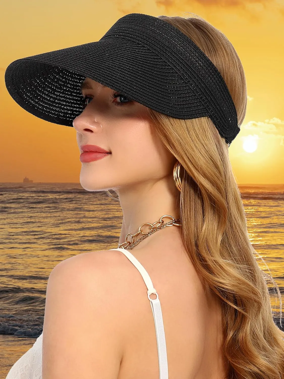 LA CARRIE Wide Brim Straw Visor for Women Sun Hat UV Protection Packable Beach Cap for Summer UPF 50 
