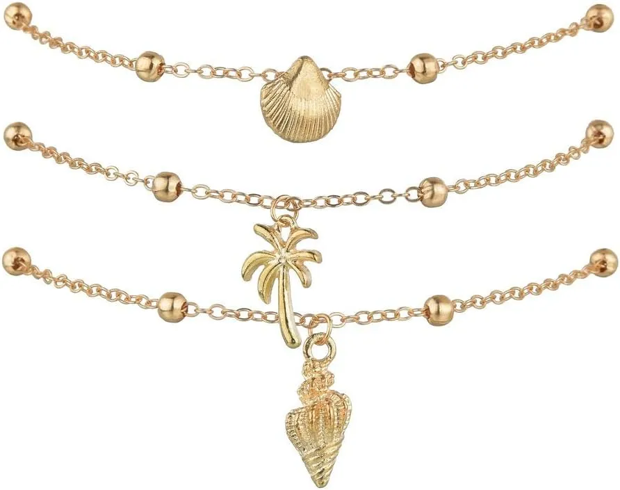 MXUHUI Boho Shell Anklet Bracelet Chain Gold Coconut Tree Ankle Conch Anklets Adjustable Handmade Beaded Chain Foot Jewelry Accessories for Women
