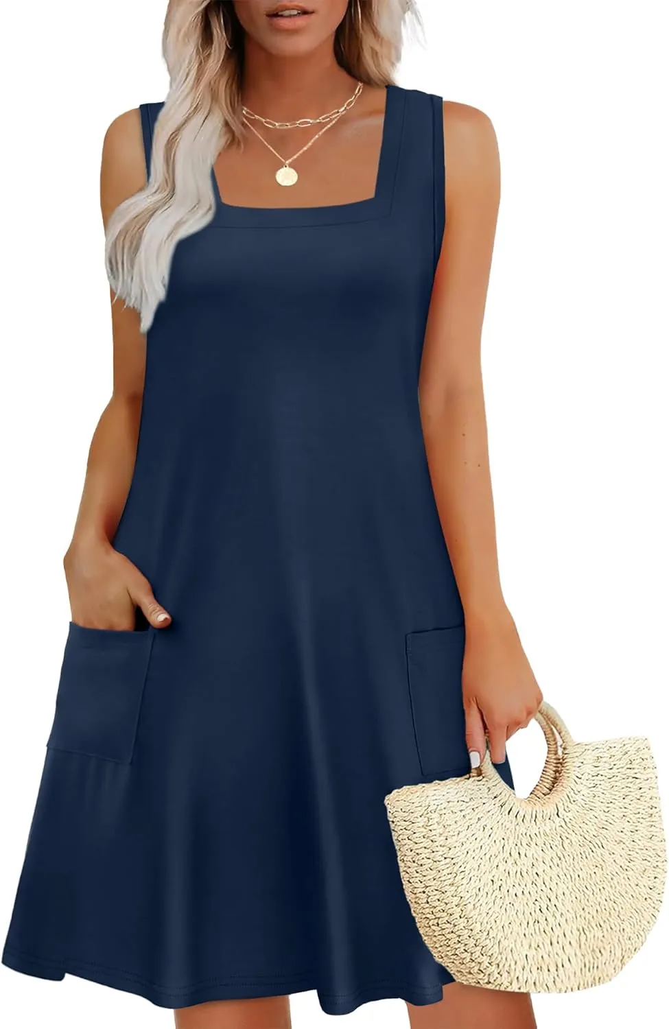 OFEEFAN Womens Square Neck Tank Dresses 2025 Summer Spring Loose Swing Sundresses with Pockets Plain/Print