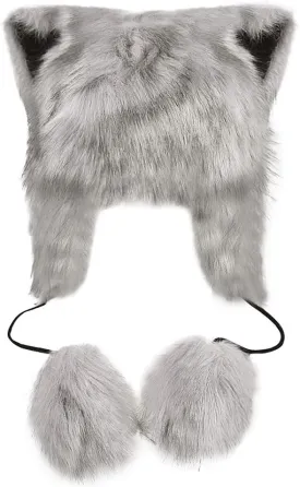 PURFUN Colorful Faux Fur Earflap Hats with Cat Ear, Adults Animal Theme Wolf Hooded Hat Cosplay Halloween Costume Caps
