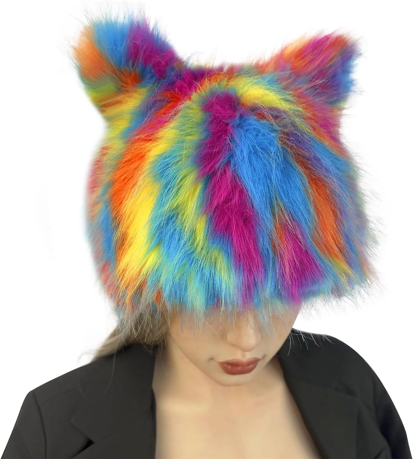PURFUN Colorful Faux Fur Earflap Hats with Cat Ear, Adults Animal Theme Wolf Hooded Hat Cosplay Halloween Costume Caps