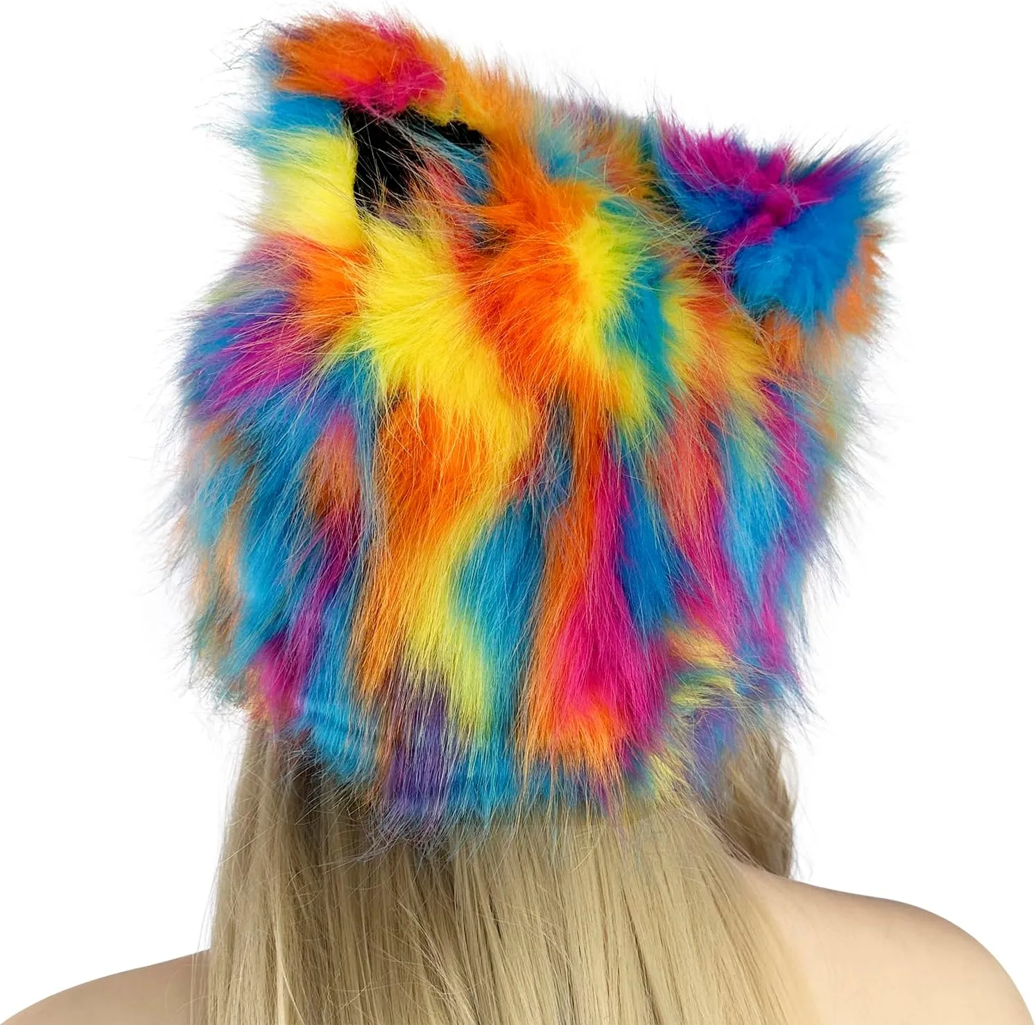 PURFUN Colorful Faux Fur Earflap Hats with Cat Ear, Adults Animal Theme Wolf Hooded Hat Cosplay Halloween Costume Caps