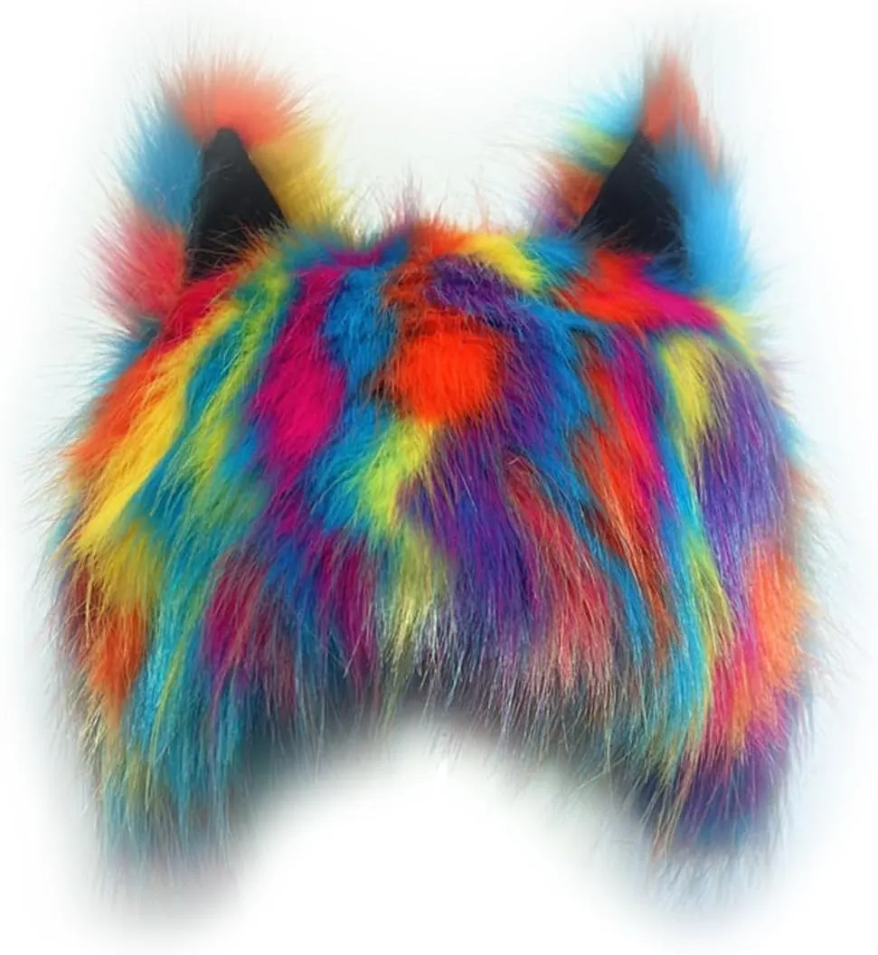 PURFUN Colorful Faux Fur Earflap Hats with Cat Ear, Adults Animal Theme Wolf Hooded Hat Cosplay Halloween Costume Caps
