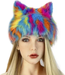 PURFUN Colorful Faux Fur Earflap Hats with Cat Ear, Adults Animal Theme Wolf Hooded Hat Cosplay Halloween Costume Caps