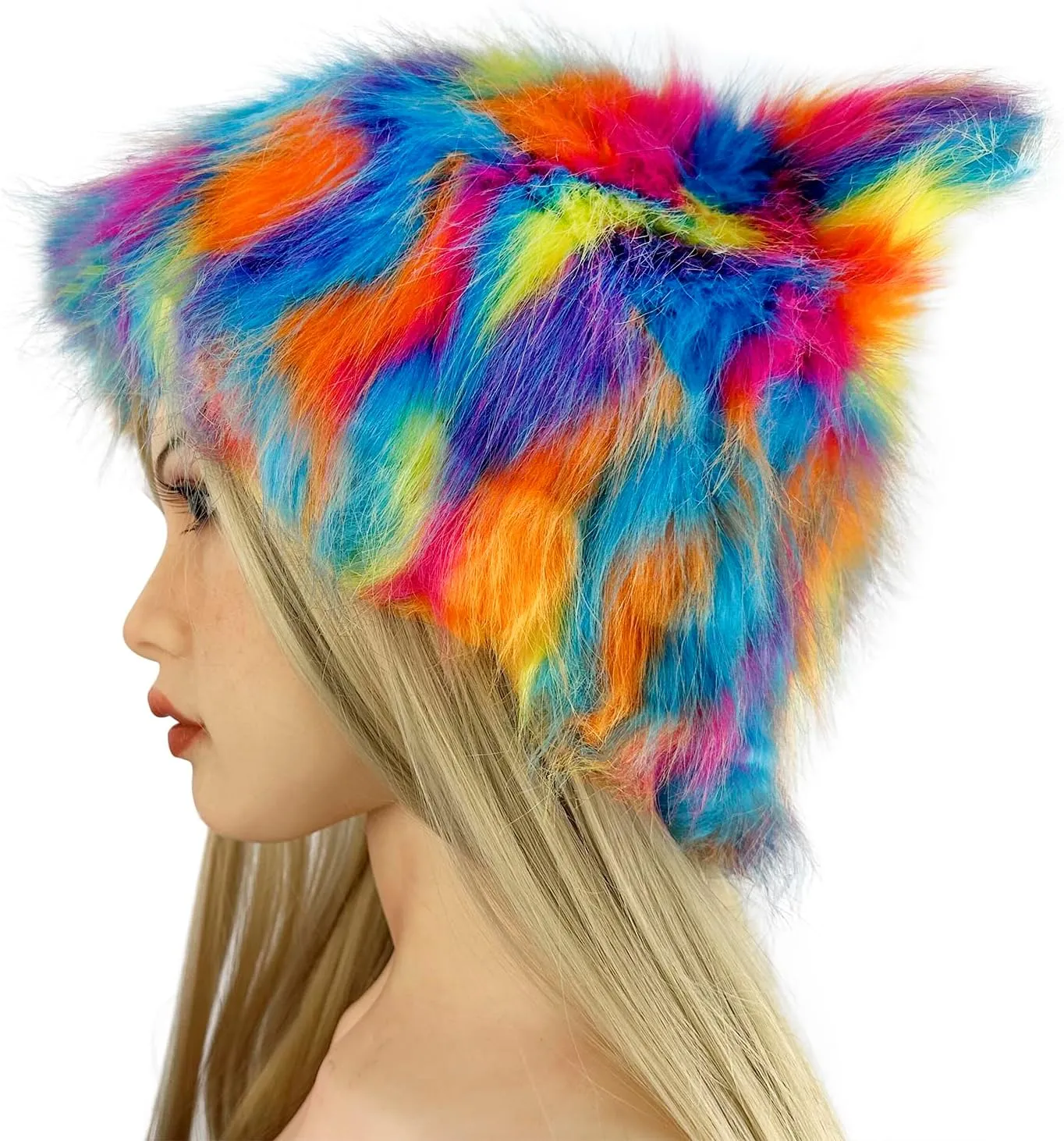 PURFUN Colorful Faux Fur Earflap Hats with Cat Ear, Adults Animal Theme Wolf Hooded Hat Cosplay Halloween Costume Caps