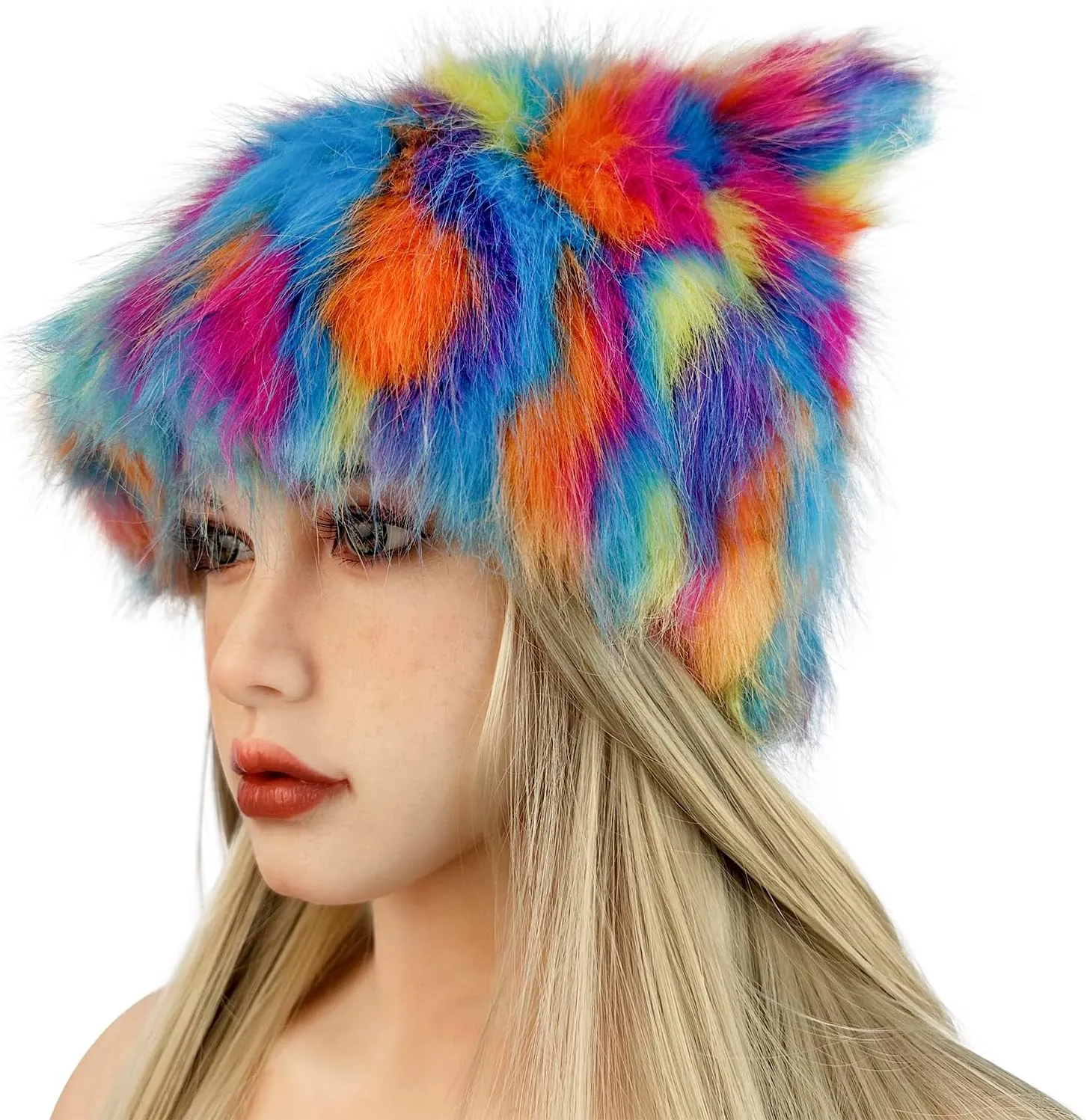 PURFUN Colorful Faux Fur Earflap Hats with Cat Ear, Adults Animal Theme Wolf Hooded Hat Cosplay Halloween Costume Caps