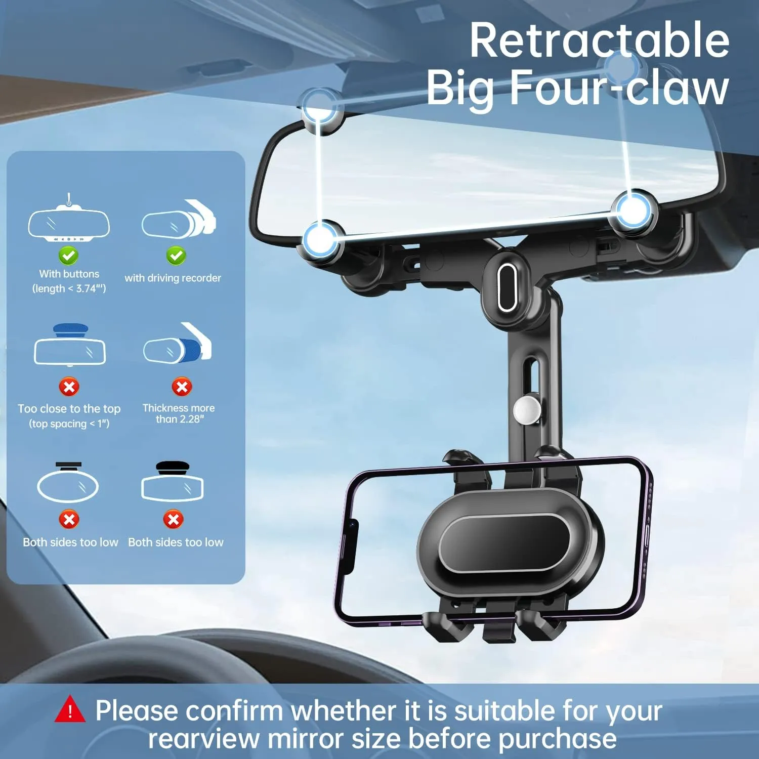 Rearview Mirror Phone Holder for Car,360Rotatable and Retractable Multifunctional Rear View Mirror Phone Holder,Four Corners Fixed Anti-Shake Design,for All Mobile Phones and All Car